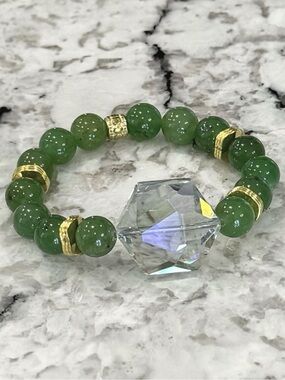 Hand Crafted Natural Green Jade, Hexagon Glass and Gold Bracelet